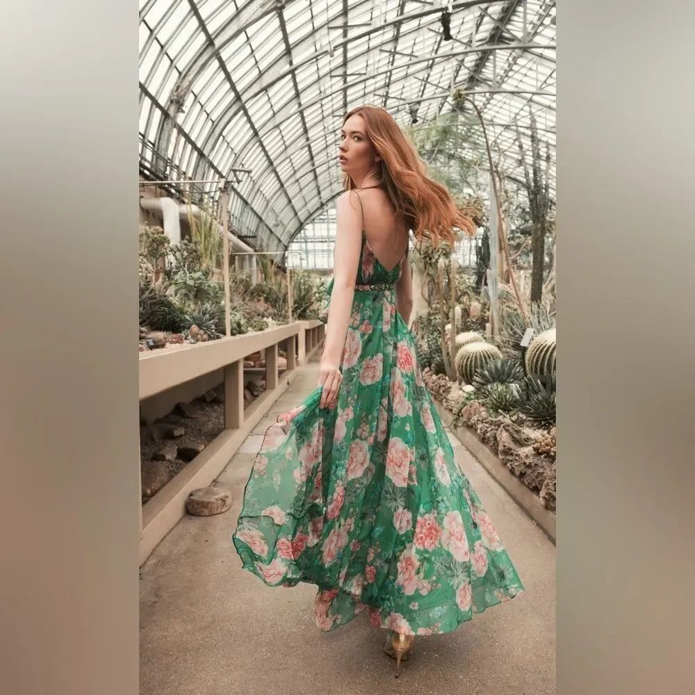 Mac Duggal Green Floral Maxi Dress
